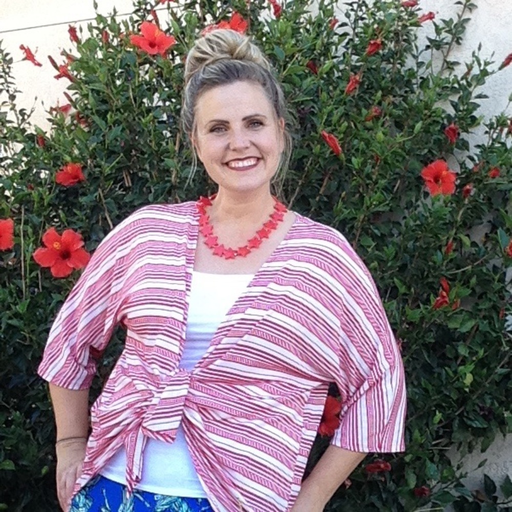 LuLaRoe Lindsay Kimono white with red stripes Open Front Cardigan Jersey knit M